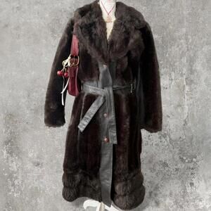 super unique 1970 dark brown faux fur belted trench coat